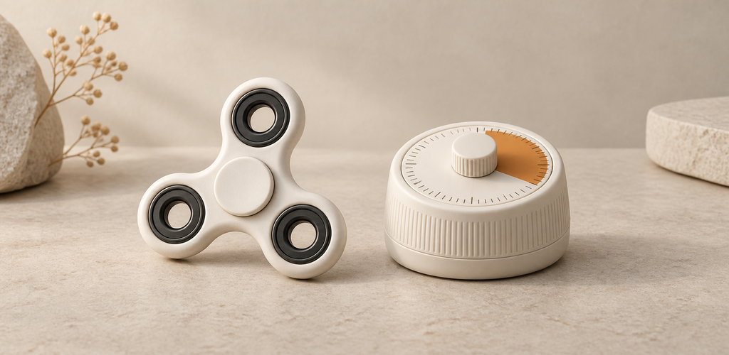An ivory fidget spinner beside a compact rotary timer